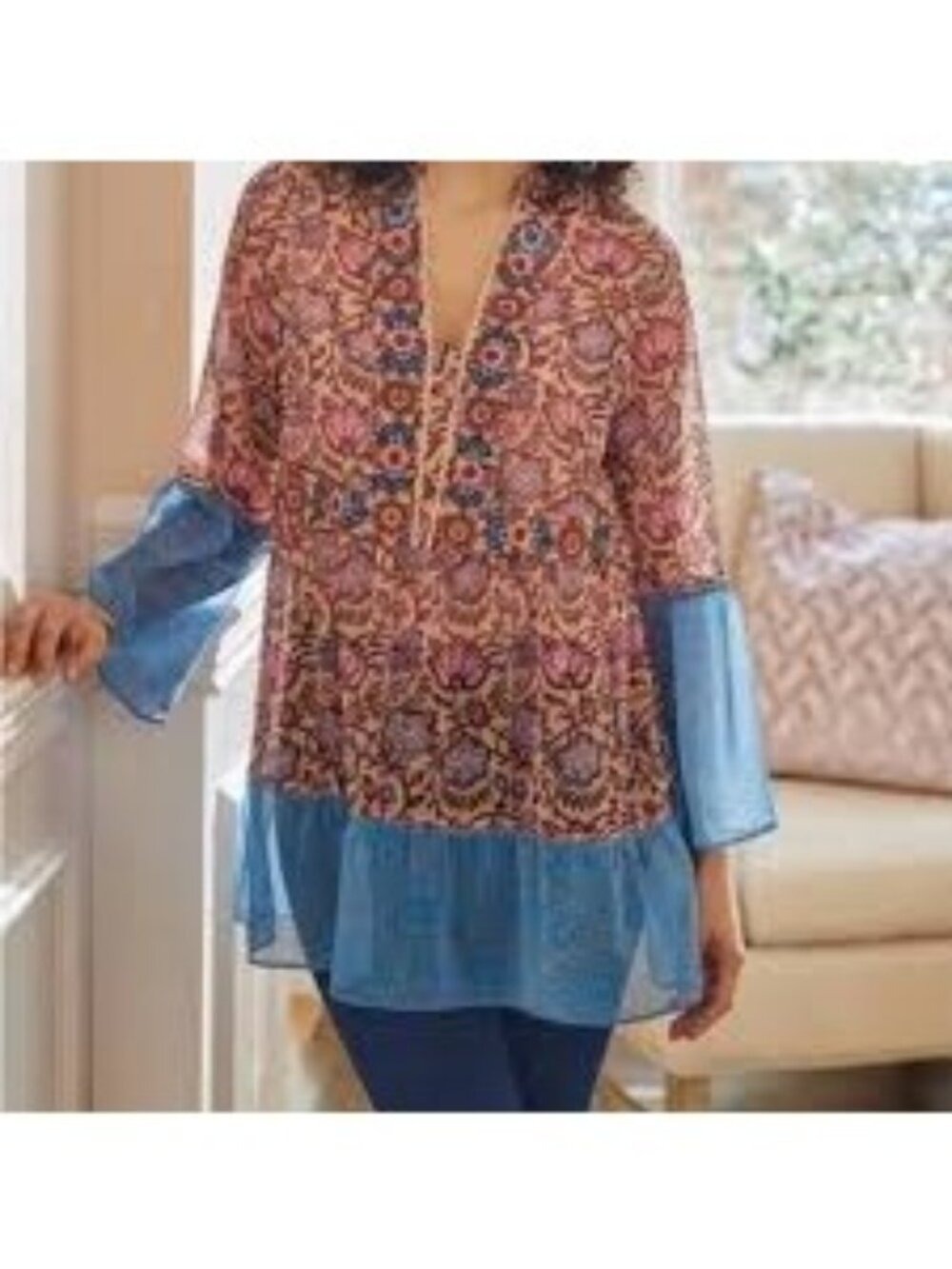 Soft Surroundings Pergola Floral Boho 2 pc Embroidered Sheer Tunic Size Small